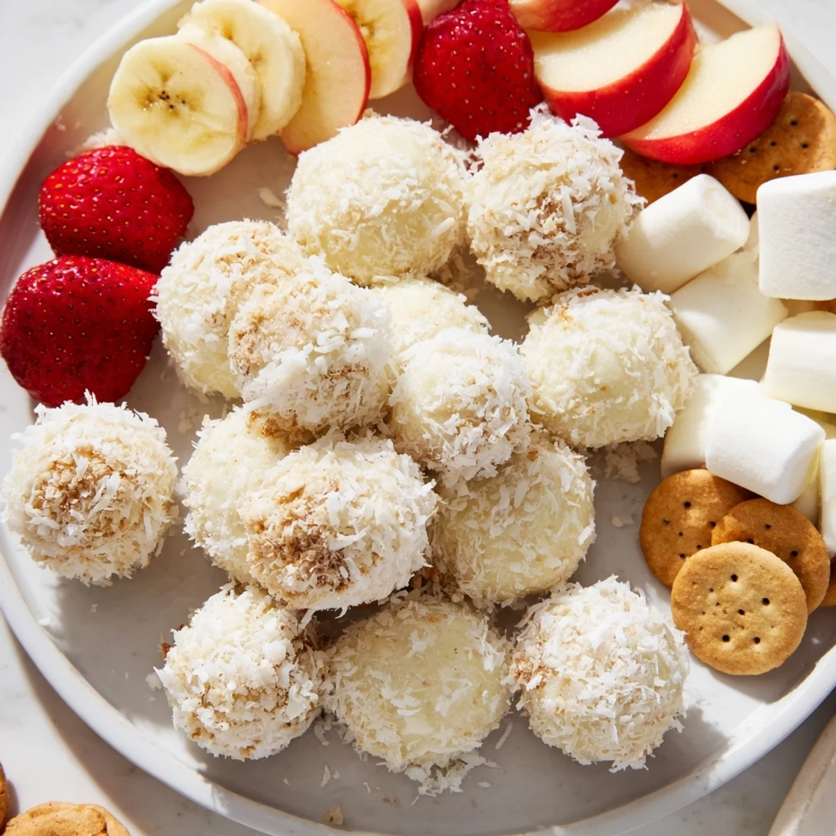 A delicious view: bite-sized Marshmallow Snowball Dip, rolled in coconut and ready to enjoy.