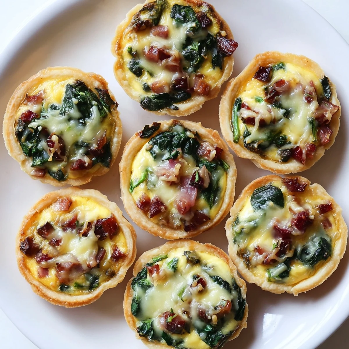 Golden-brown Mini Quiche Holiday Village quiches on a wooden board, ready for a delicious holiday appetizer.