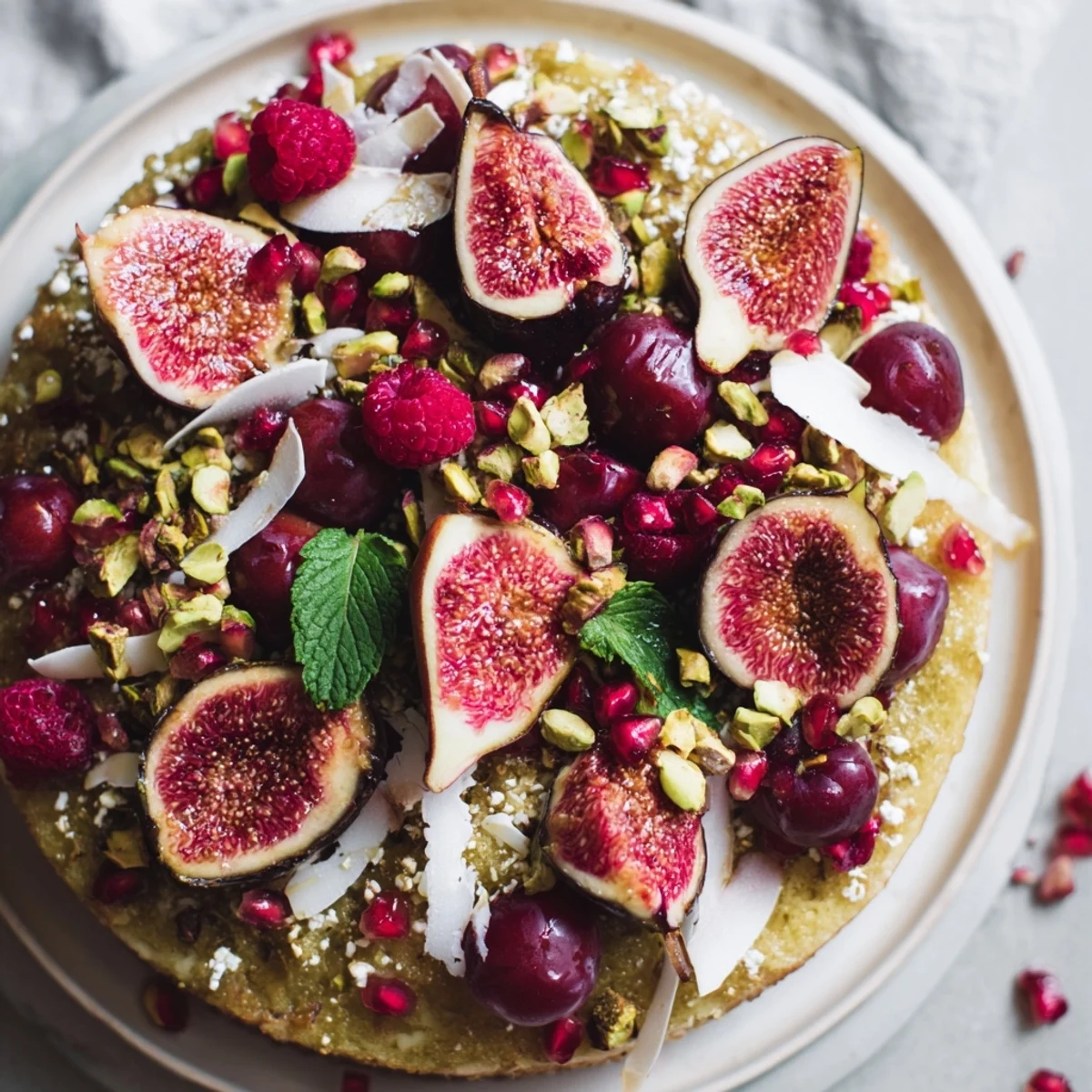 Beautiful Winter Fruit: Fig and Date Snowdrift Platter with glistening honey and vibrant garnishes.