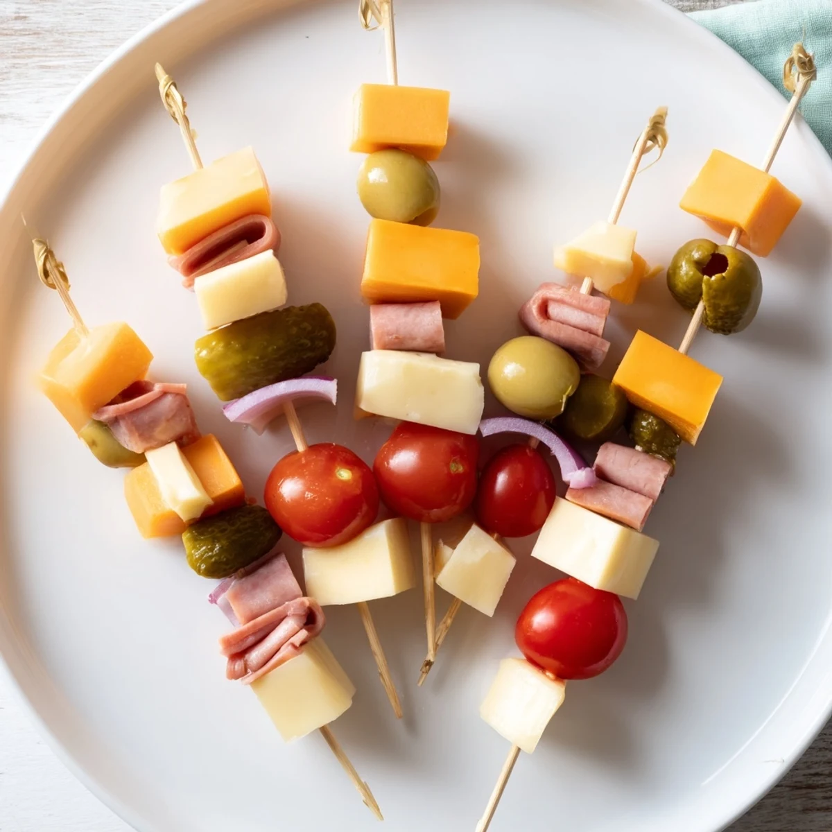 Savory Skewers showcasing juicy meat, tangy pickles, and cheese cubes arranged beautifully.