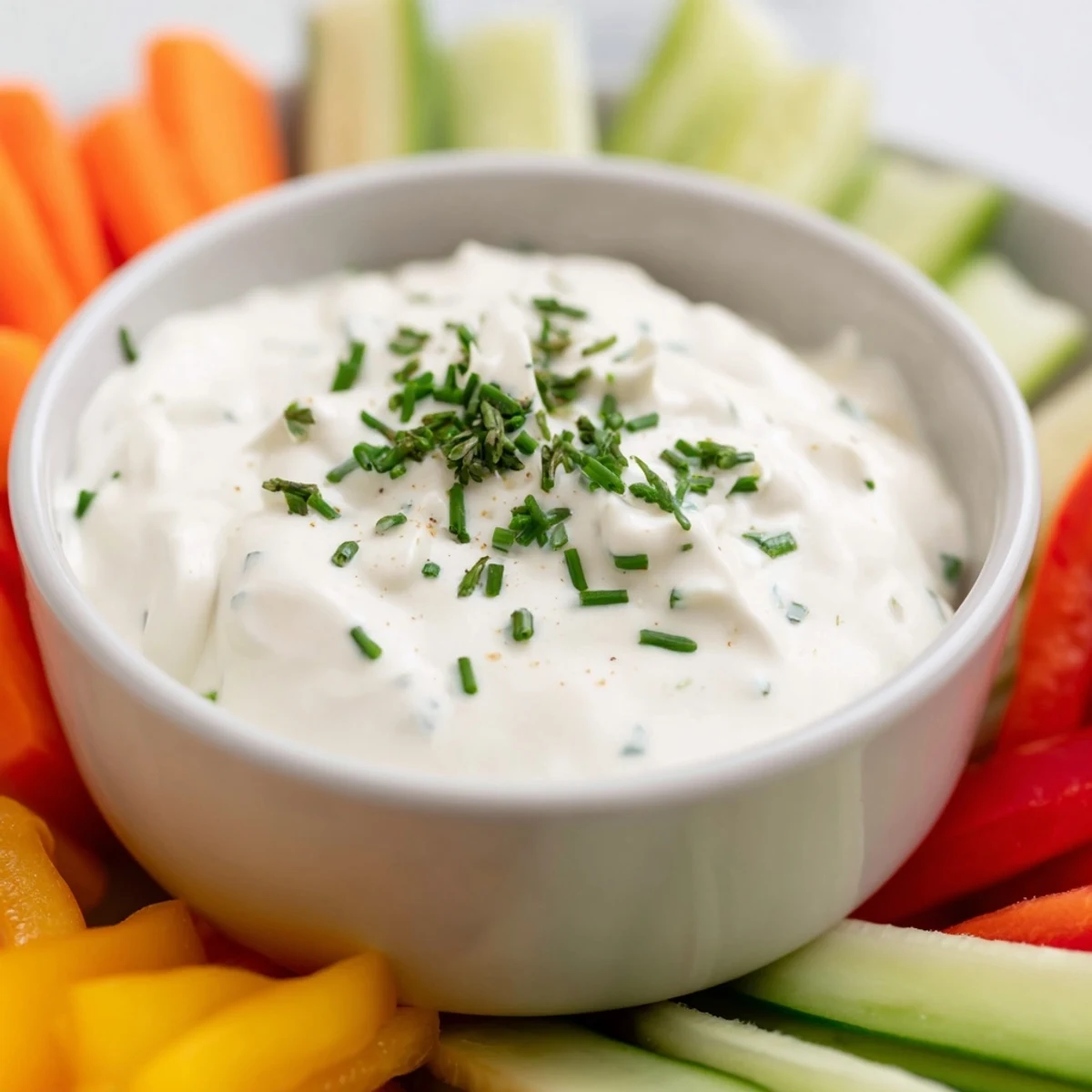A close-up shot of creamy, homemade cream cheese and ranch dip with fresh vegetable sticks.