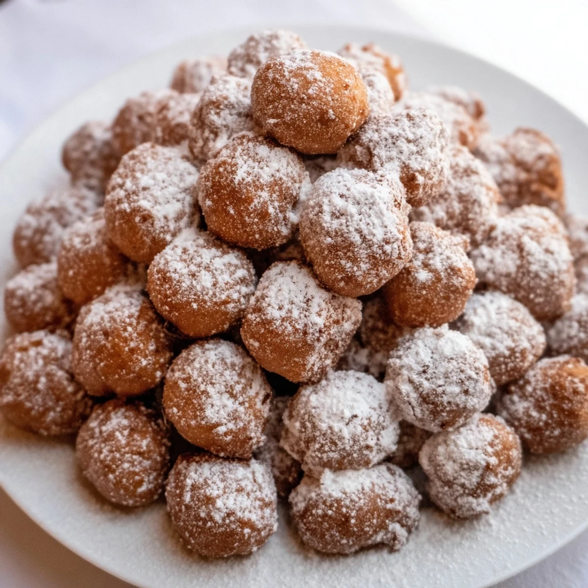 Powdered Donut Holes Mountain glistens with sugary coating, offering a sweet, warm, and inviting dessert.