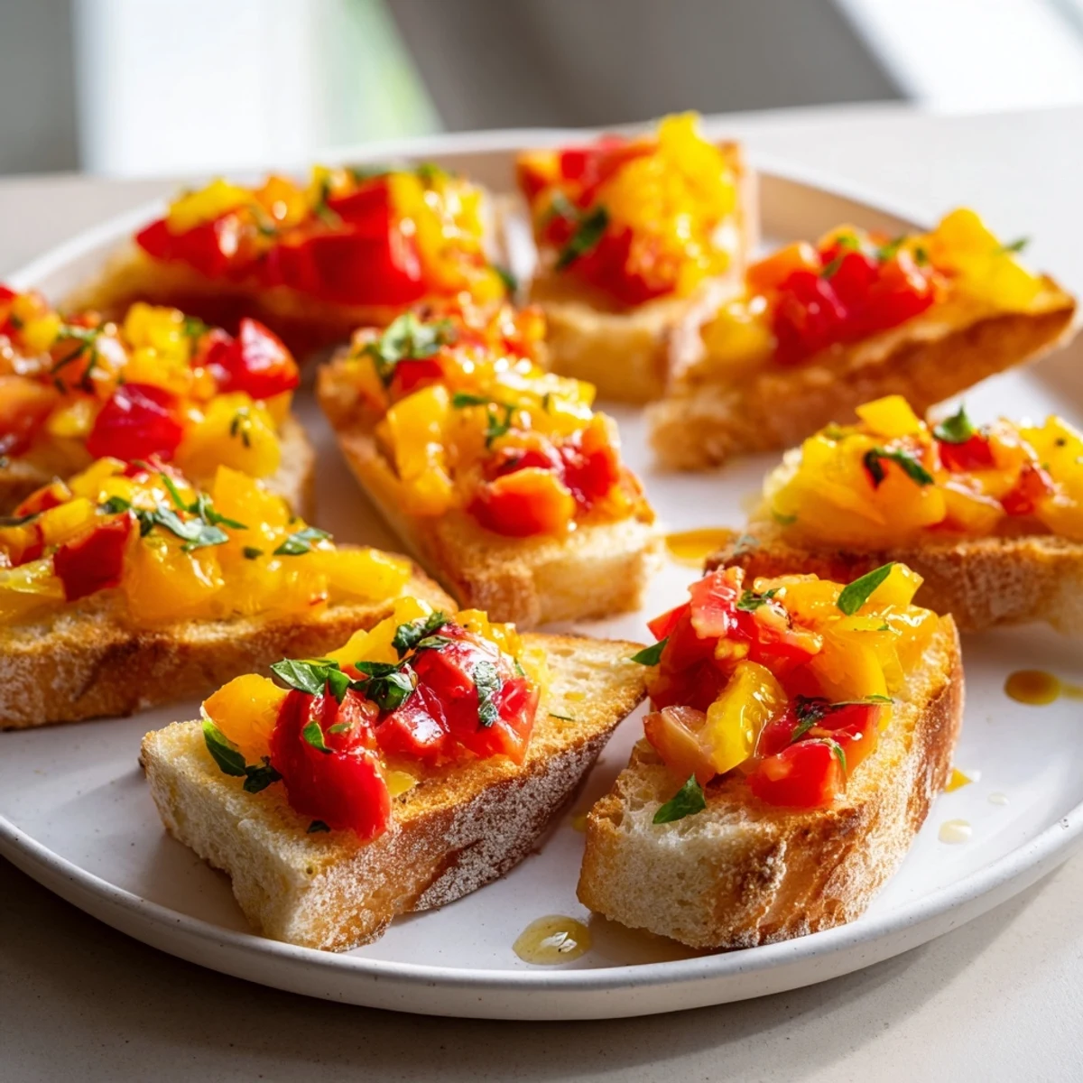 Freshly baked Bruschetta toasts arranged diagonally, with juicy tomato topping and a drizzle of oil.