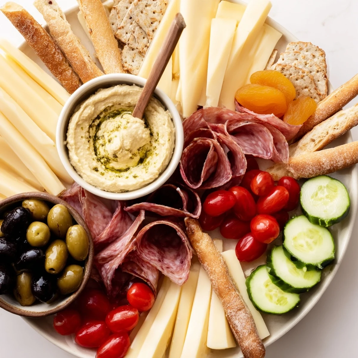 Arrowhead Directional Board loaded with colorful cheeses, meats, and fresh veggies surrounding creamy hummus.