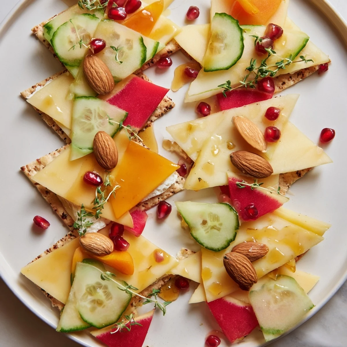 Vibrant and flavorful Tessellation Triangle appetizer with cheddar, goat cheese, and fresh produce.