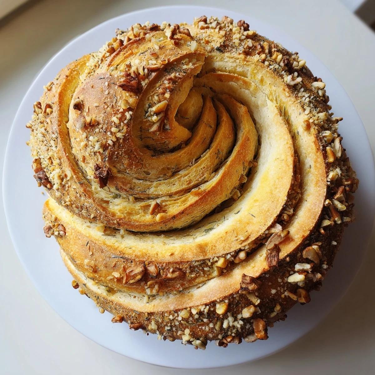 Freshly baked Fibonacci spiral bread with a golden-brown crust, ready to slice and enjoy with butter.