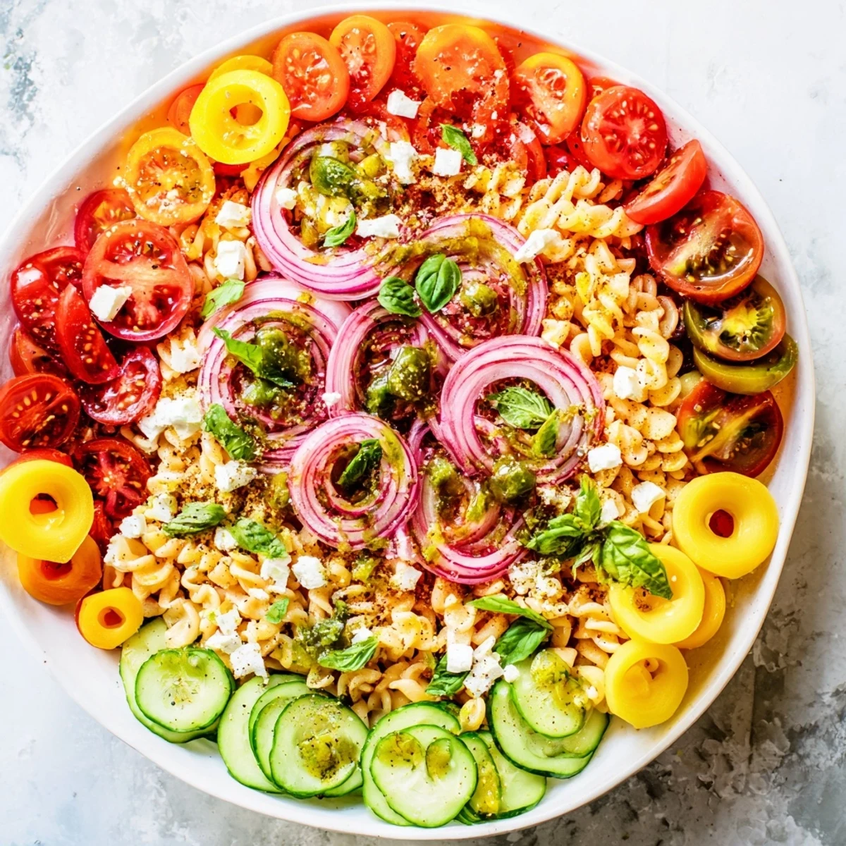 Concentric Rings of Flavor: a vibrant salad with sweet, savory, and spicy rings arranged artfully on a platter.