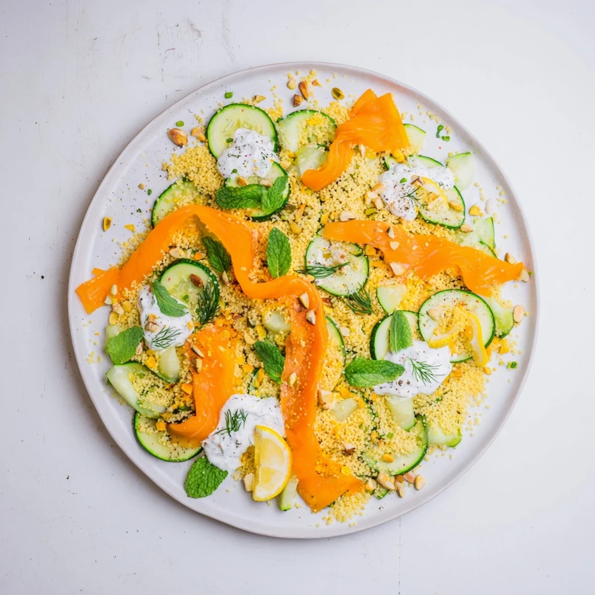 This stunning Infinity Loop Flow recipe displays flaked salmon nestled in a bed of colorful prepared vegetables.