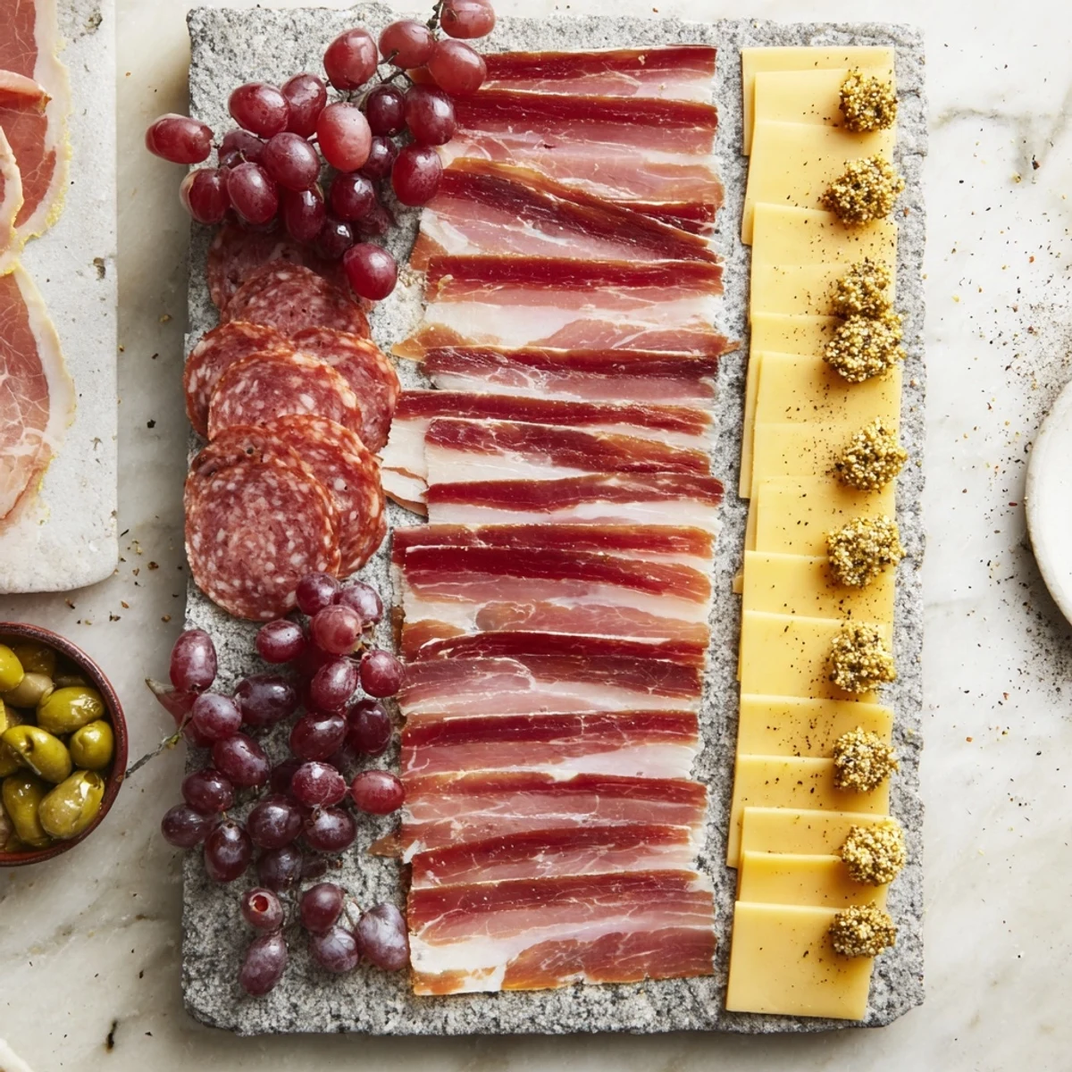 Appetizing Industrial Slate arrangement: cold meats, cheeses, grapes and olives awaiting your next party gathering.