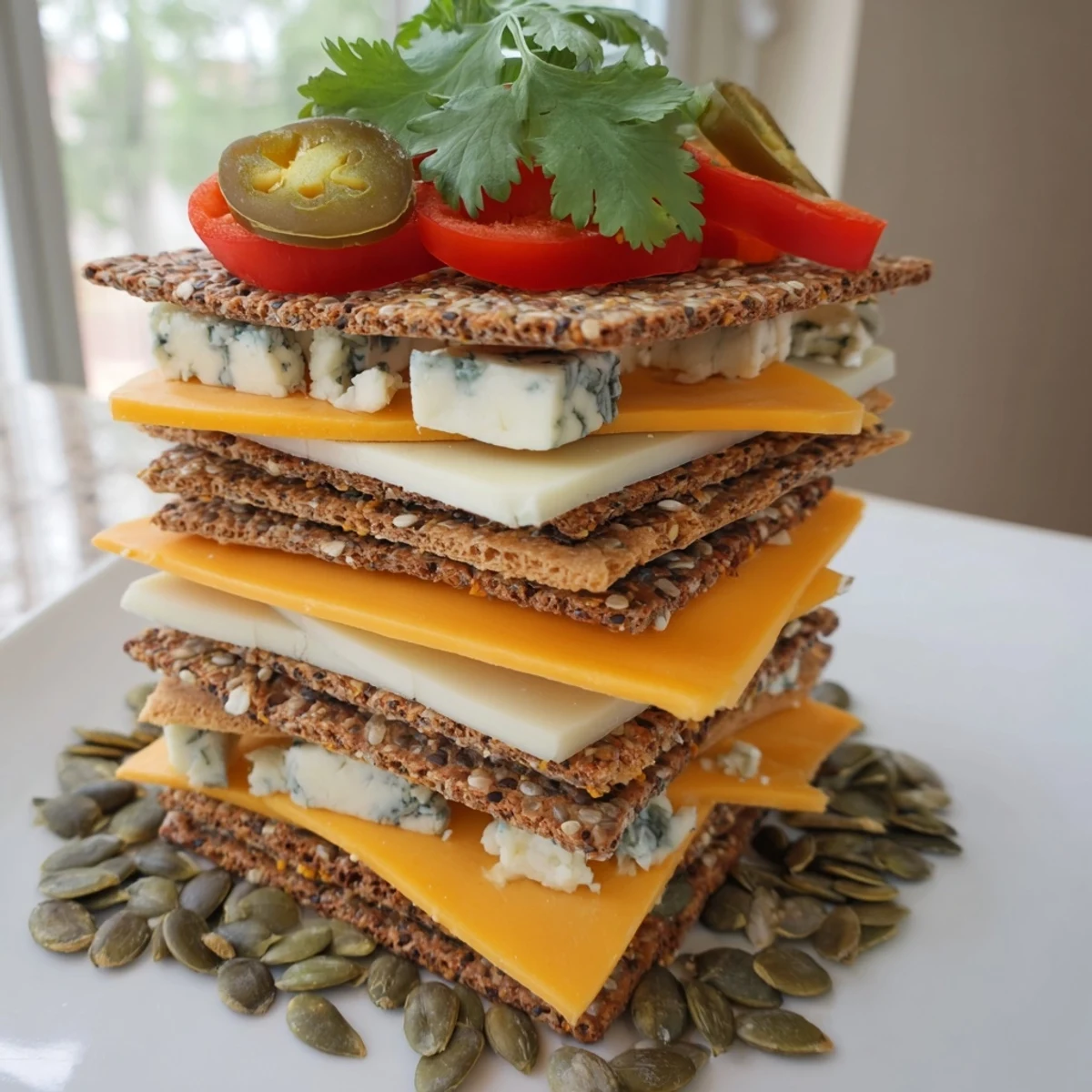 A Southwest Mesa appetizer showcasing layered cheeses, crackers, and vibrant Southwest garnishes.