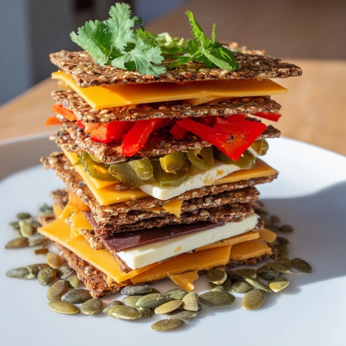 Deliciously prepared Southwest Mesa appetizer: crackers topped with cheese and colorful peppers, ready to serve.