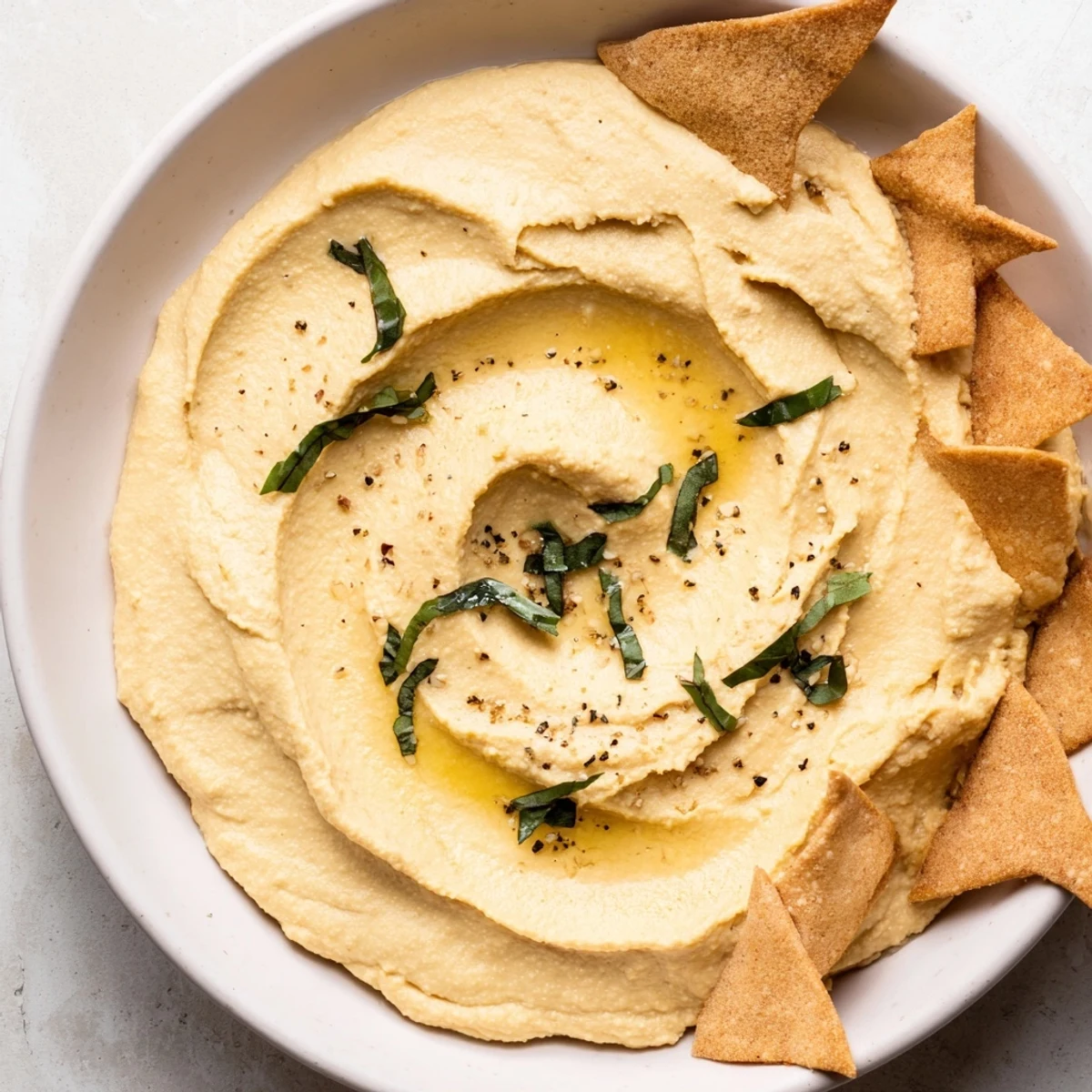 Creamy Sahara Dune hummus appetizers sculpted like dunes, served with smoky pita chips.