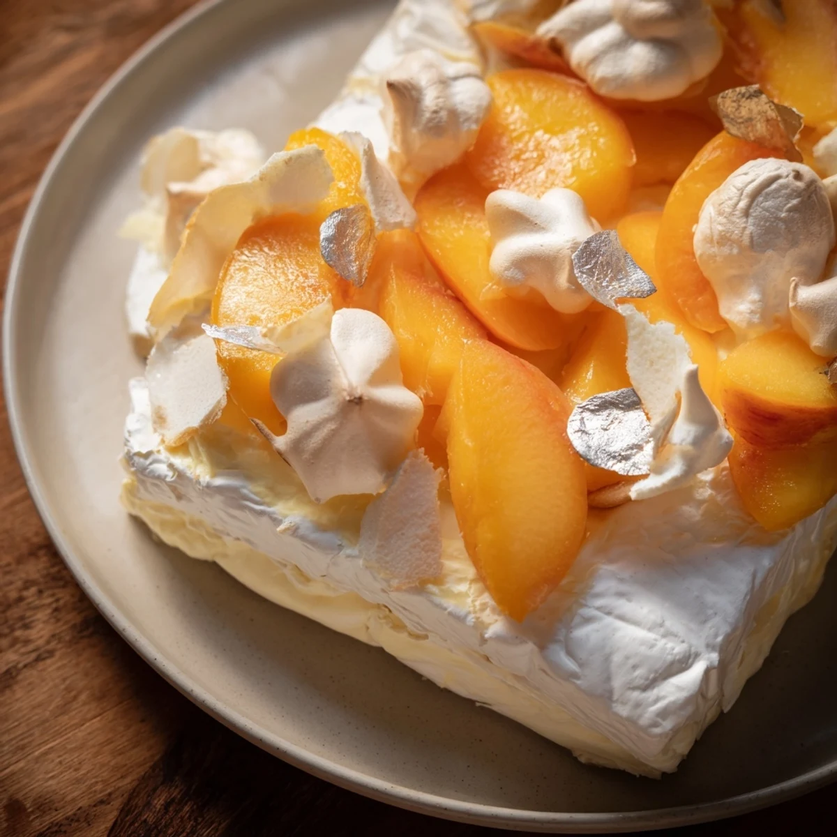 Elegant The Pearly Gates cheese board arrangement with brie, peaches, and silver leaf, ready to be enjoyed.