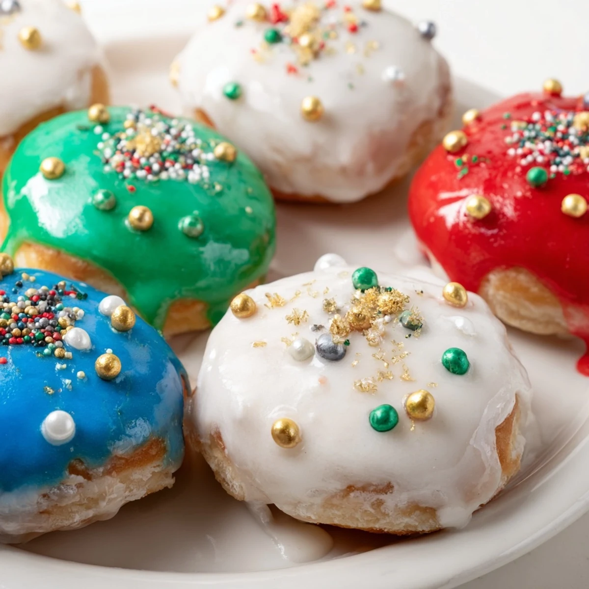 Golden, fried Christmas Ornament Beignets, iced in festive colors and sprinkled with edible pearls, look delicious.