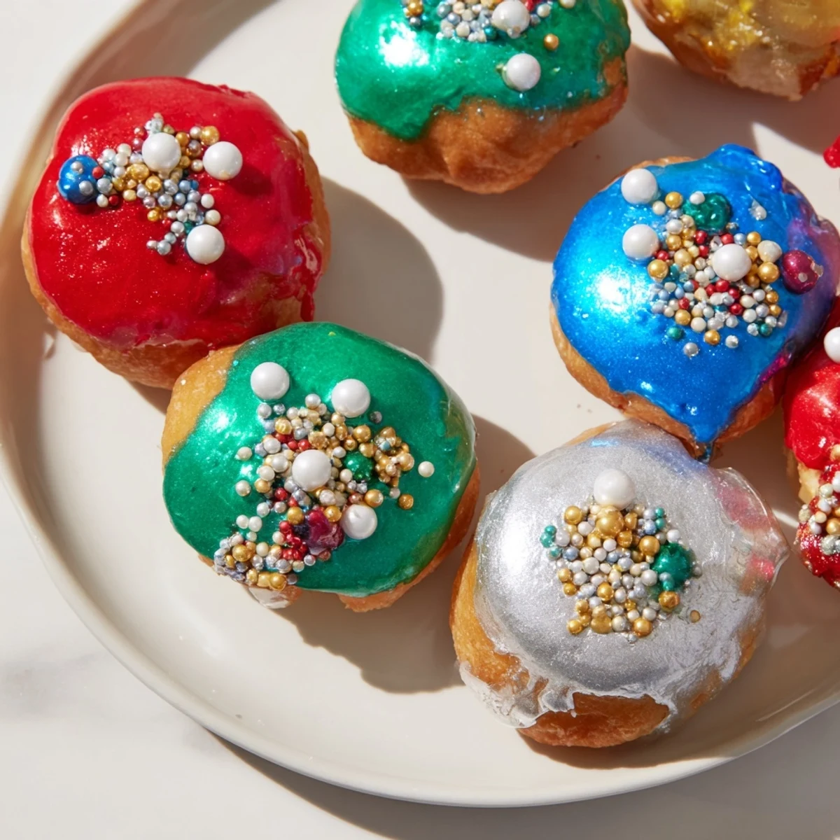 Freshly fried Christmas Ornament Beignets, a close-up shows intricate icing and colorful sprinkles perfect for dessert.