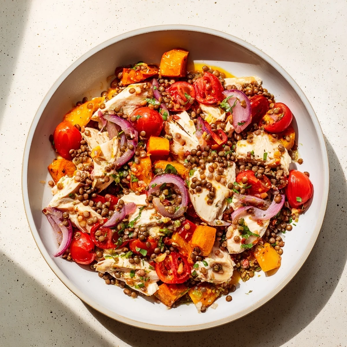 Close-up of a refreshing Chicken and Lentil Recession Salad, full of bright colors and wholesome ingredients.
