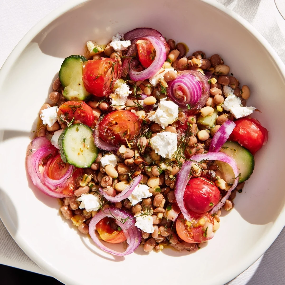 A vibrant close-up of a Dense Bean Salad with colorful vegetables and creamy dressing, ready to enjoy.