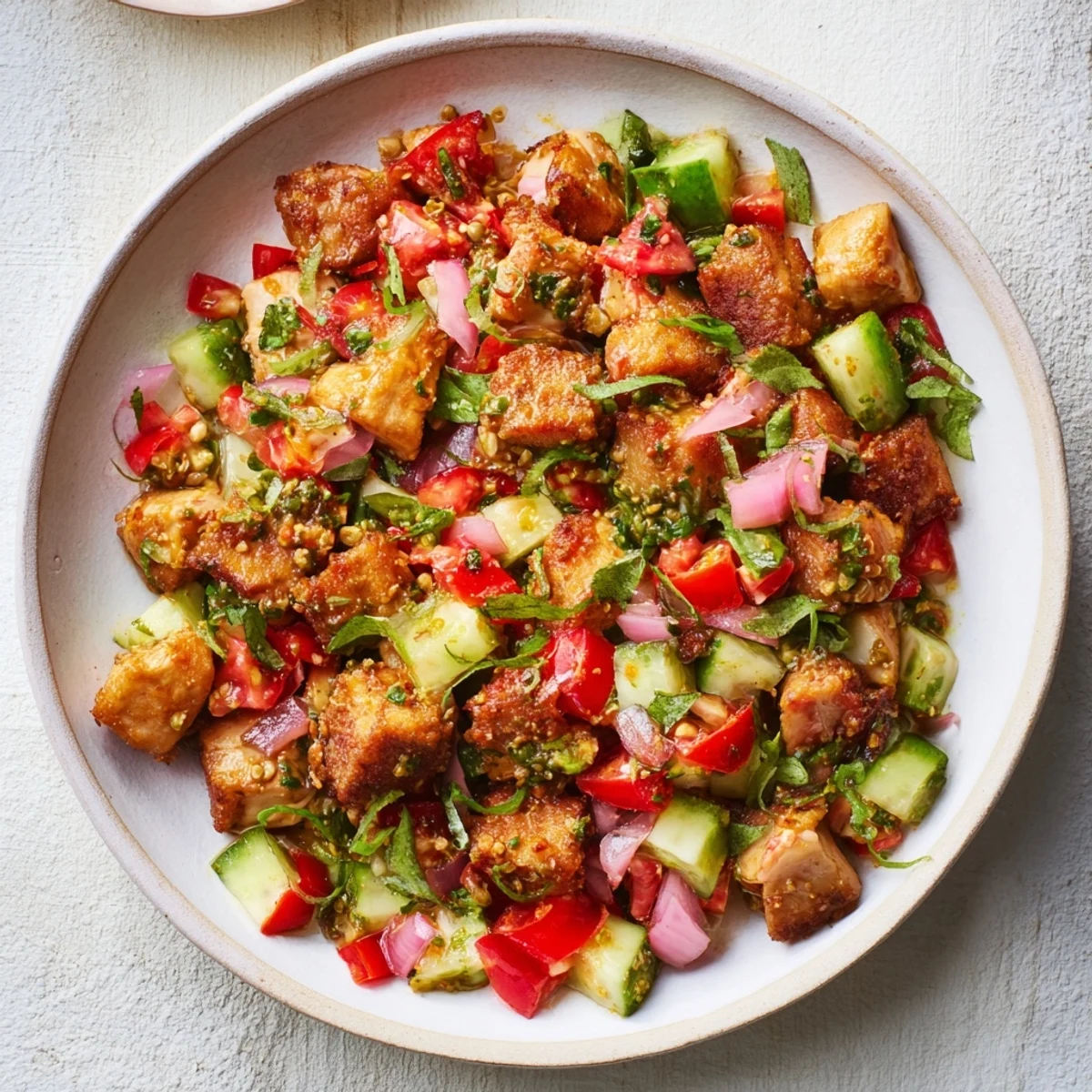 Vibrant Cucumber and Chicken Clean Shaker Salad, featuring tender chicken and crisp vegetables, ready to eat.