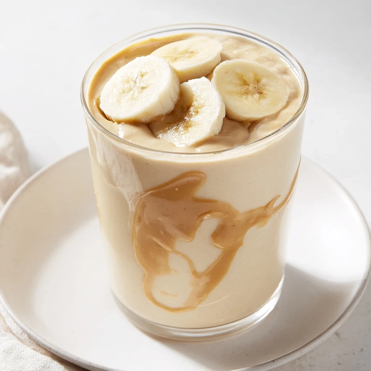 Swirling, blended Peanut Butter Banana Smoothie with a touch of vanilla, perfect for breakfast or snack.