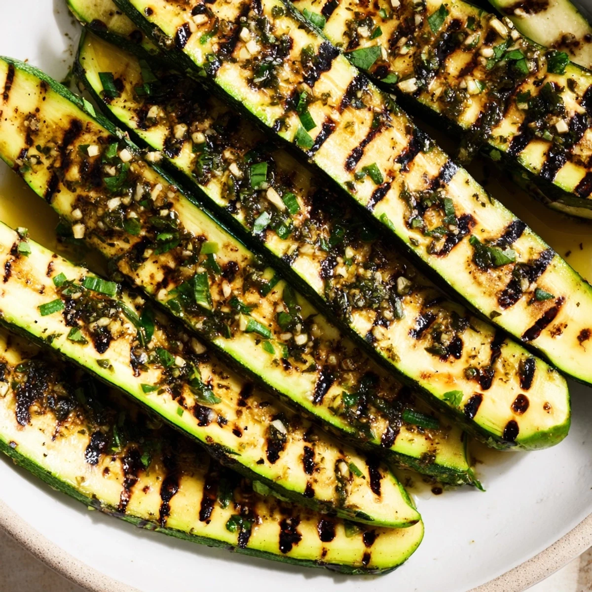 Tender Garlic Herb Grilled Zucchini, seasoned after grilling, ready for a delicious summer barbecue side.