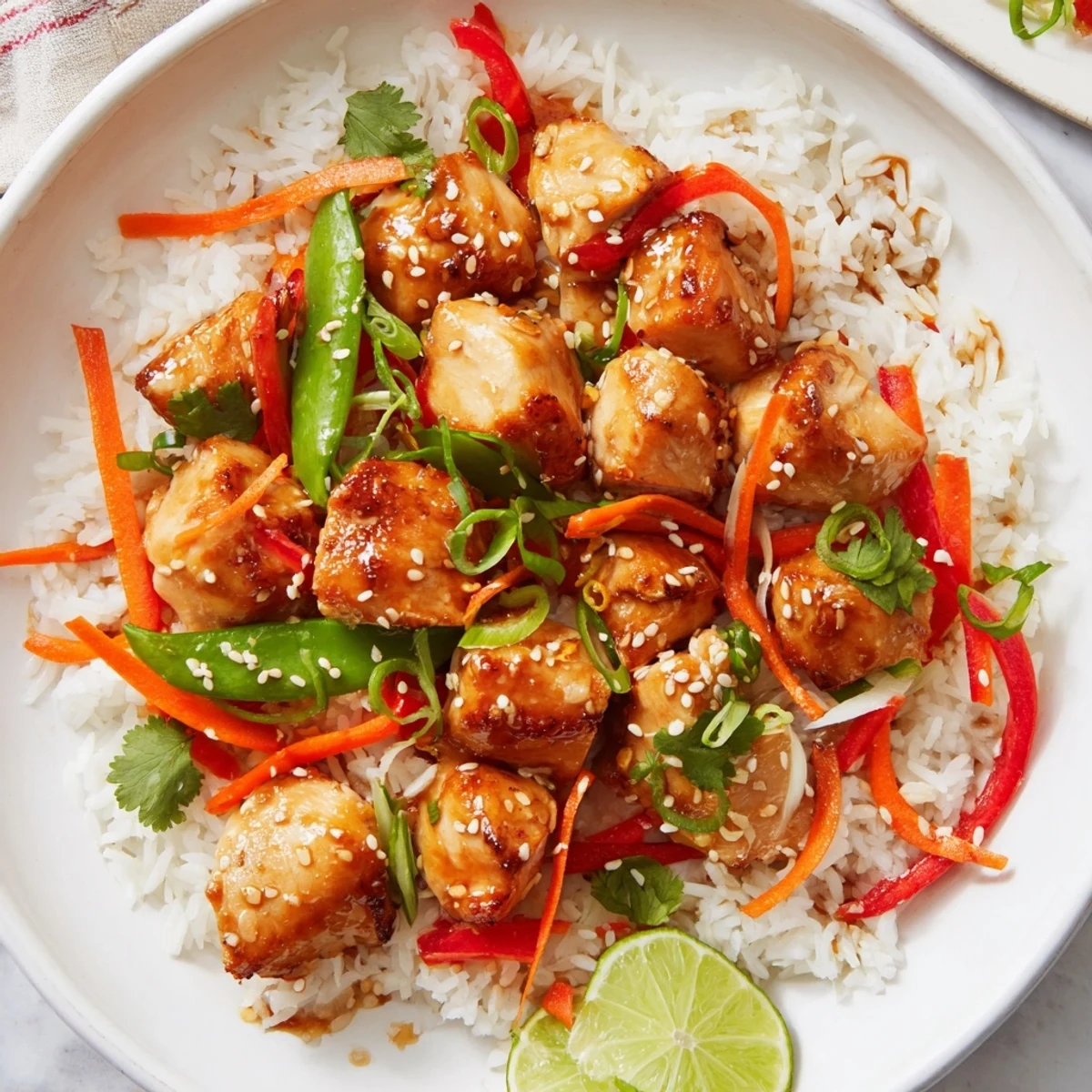 Steaming Sesame Ginger Rice Bowl with chicken, colorful veggies, and fragrant sesame seeds for dinner.