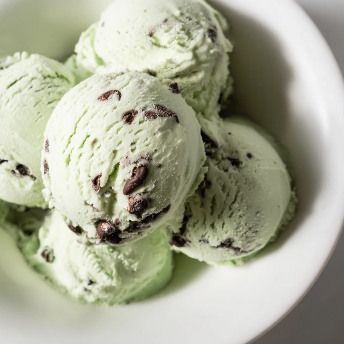 Creamy Mint Chocolate Chip Ice Cream swirled with dark chocolate chips, ready to scoop and enjoy.