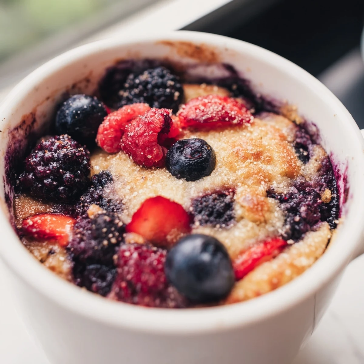 Mixed berry cobbler mug cake bubbling hot from the microwave, ready for a delicious, single serving.