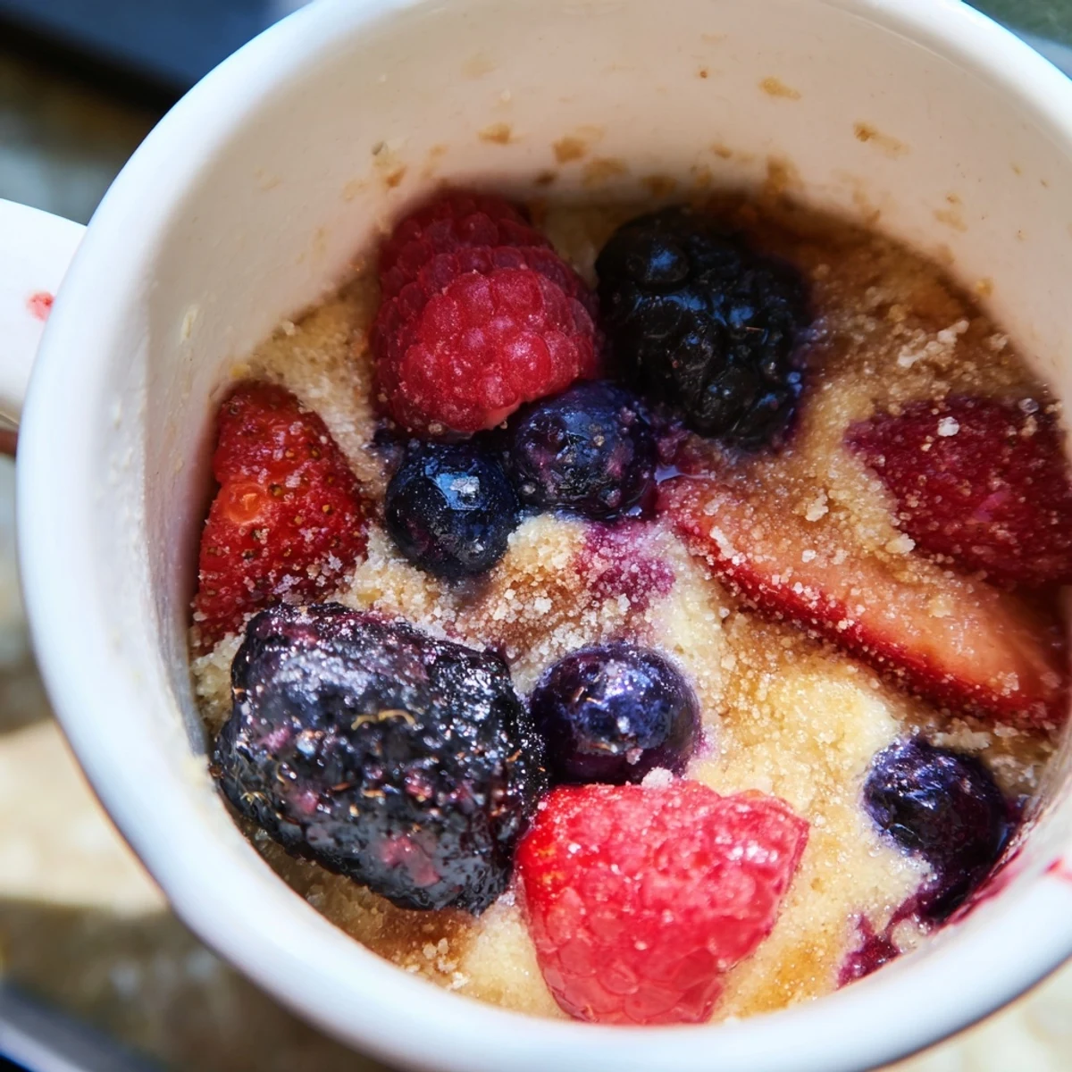 A close-up of a warm mixed berry cobbler mug cake, a quick sweet treat for any craving.