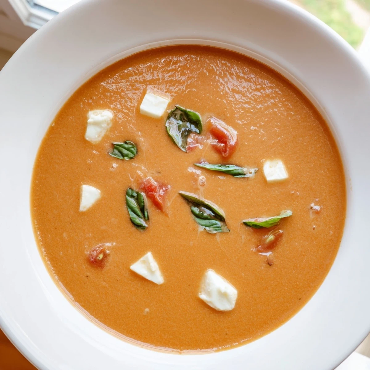 Warm creamy tomato mozzarella soup, garnished with fresh basil, ready for a comforting spoonful.