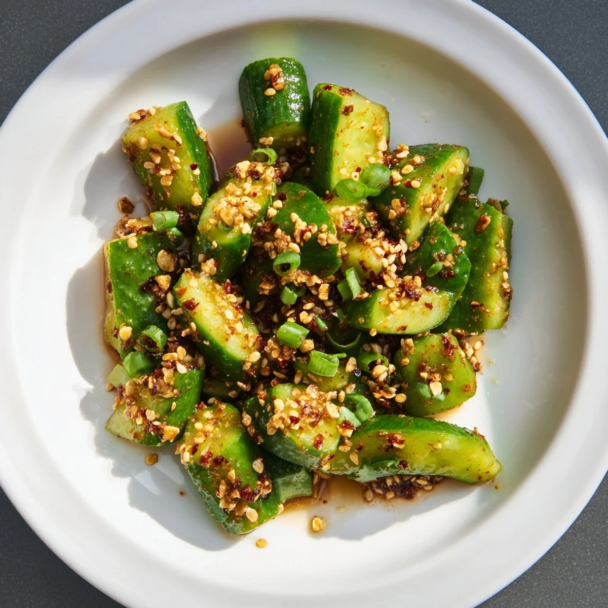 Earthy sesame seeds garnish the cool, refreshing Chinese Spicy Smashed Cucumber Salad on a platter.