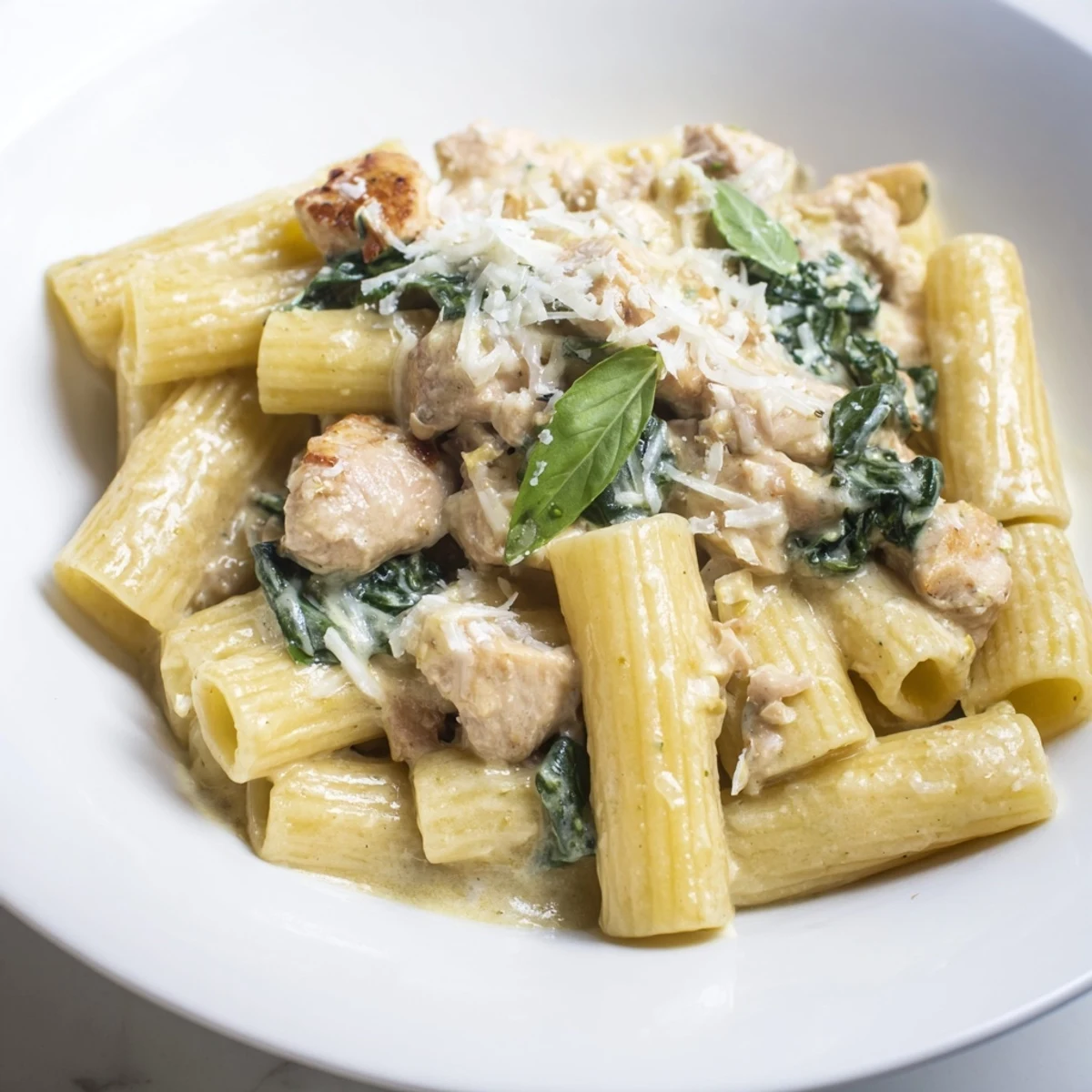 Creamy Budget-Friendly Marry Me Chicken Pasta with golden chicken pieces and spinach, ready to eat.