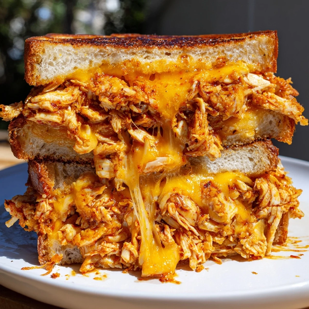 Golden-crusted bread surrounds a spicy filling in this decadent Spicy Crispy Chicken Sandwich Grilled Cheese, served hot.
