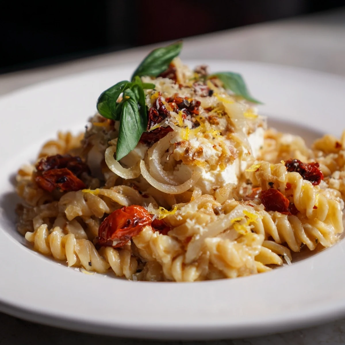 Baked feta pasta with sun-dried tomatoes: a vibrant image of creamy feta and bursting tomatoes.