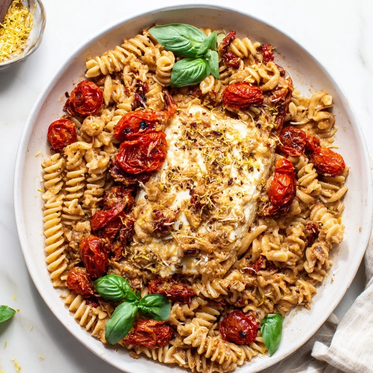 This baked feta pasta showcases melted feta cheese with juicy tomatoes and aromatic herbs beautifully.