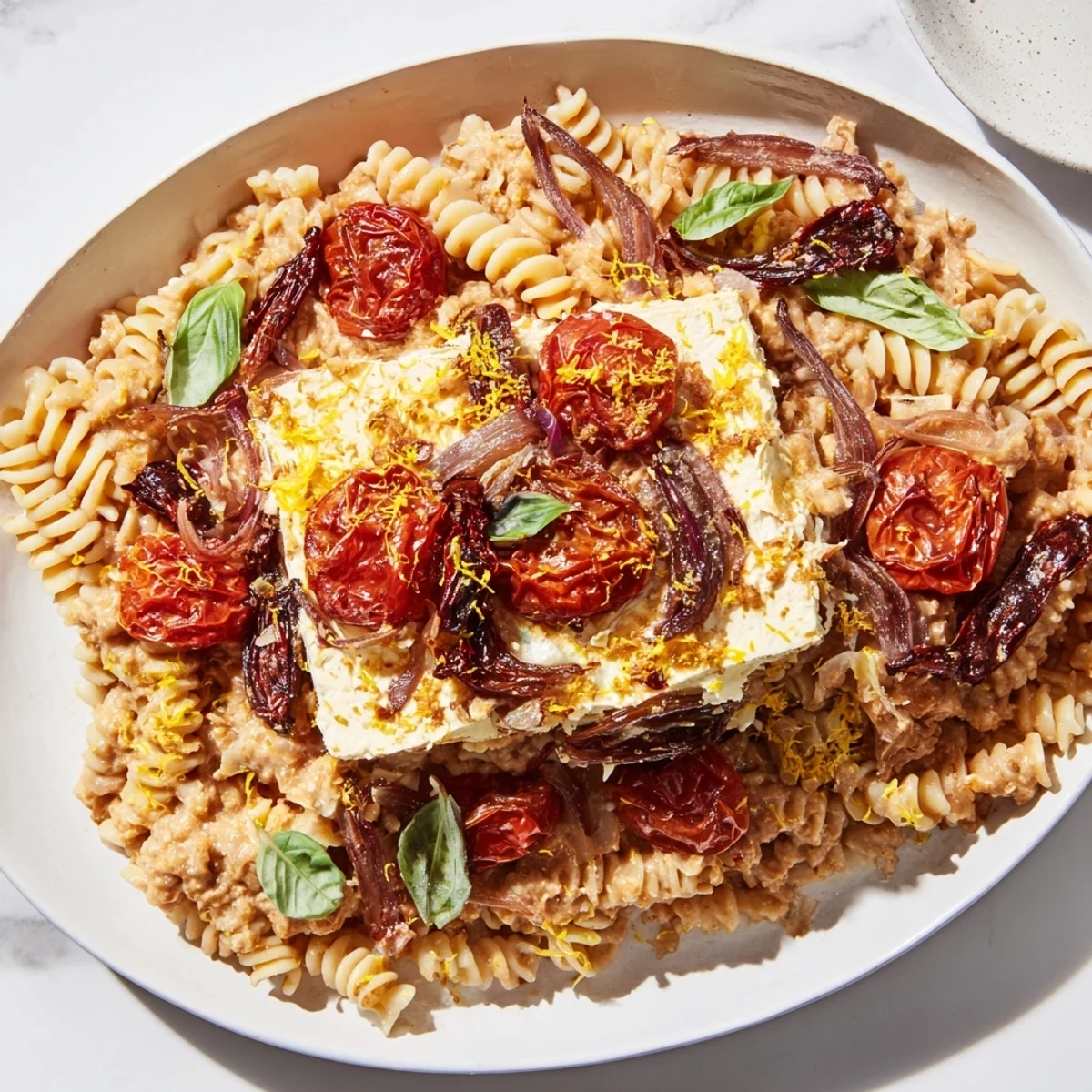 Golden-baked feta pasta with sun-dried tomatoes: a flavorful, Mediterranean main dish served hot.