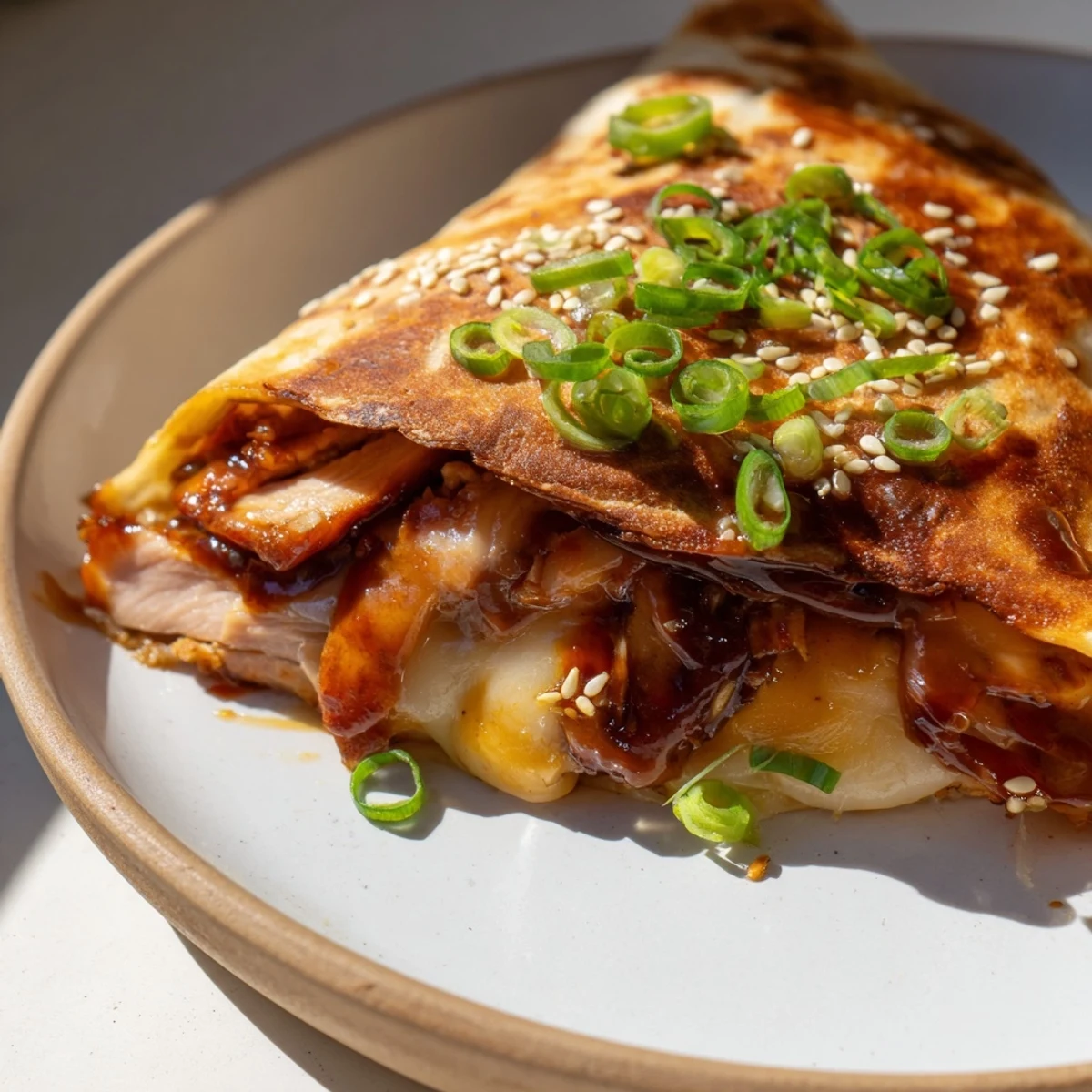 Golden-brown Korean BBQ Chicken Wrap Grilled Cheese, oozing melted cheese and savory chicken filling.