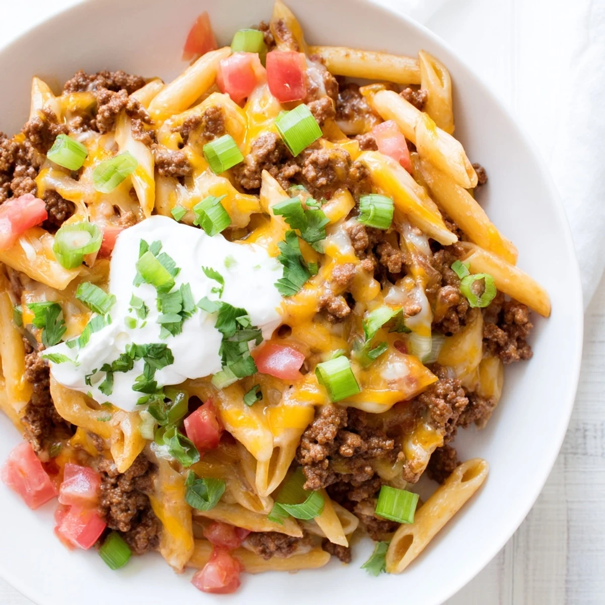 Easy family meal: savory One-Pot Taco Pasta with perfectly cooked pasta and vibrant toppings.