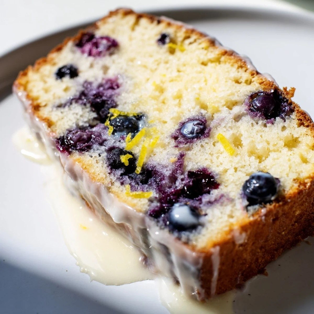 A warm slice of tangy Lemon Blueberry Yogurt Loaf, perfect for a delightful morning treat.