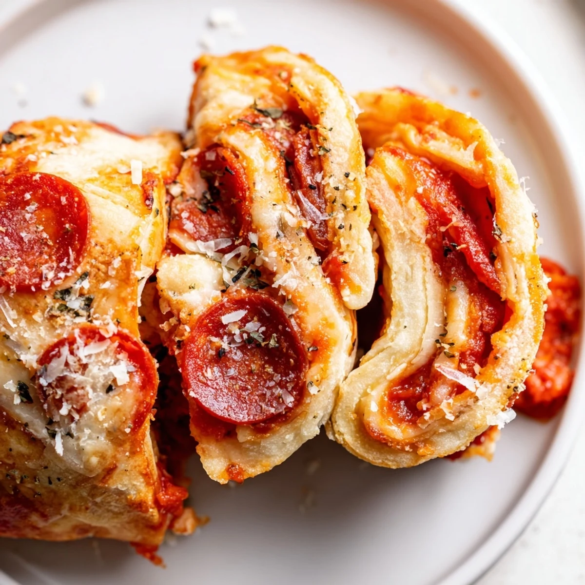 Close-up of freshly air-fried pizza rolls, filled with melted cheese and pepperoni, ready to eat.