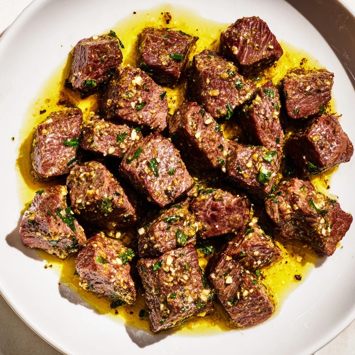 Golden brown garlic butter steak bites, glistening with savory sauce, ready to serve!