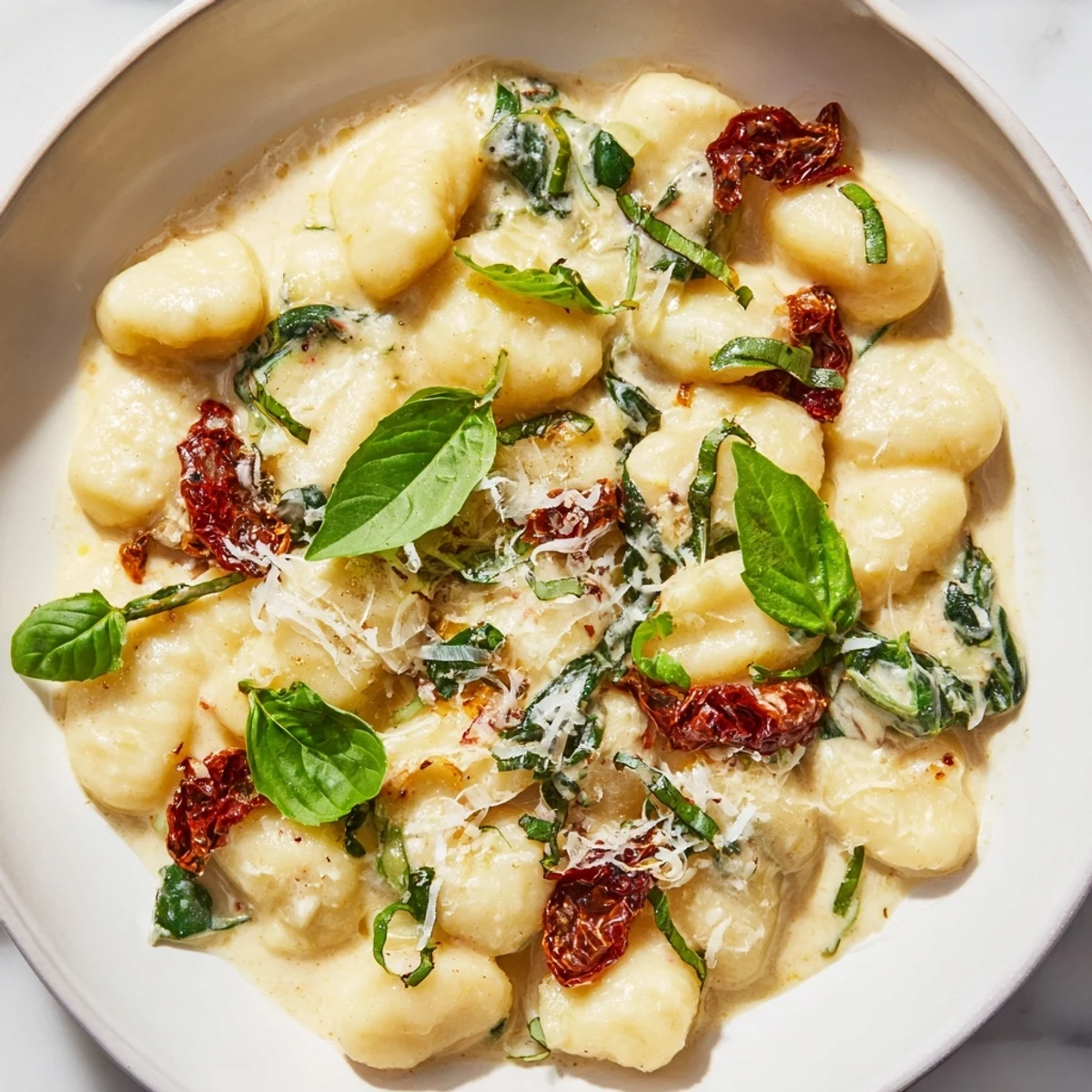 This Creamy Tuscan gnocchi recipe displays a delicious, bubbling skillet meal with Parmesan and herbs.