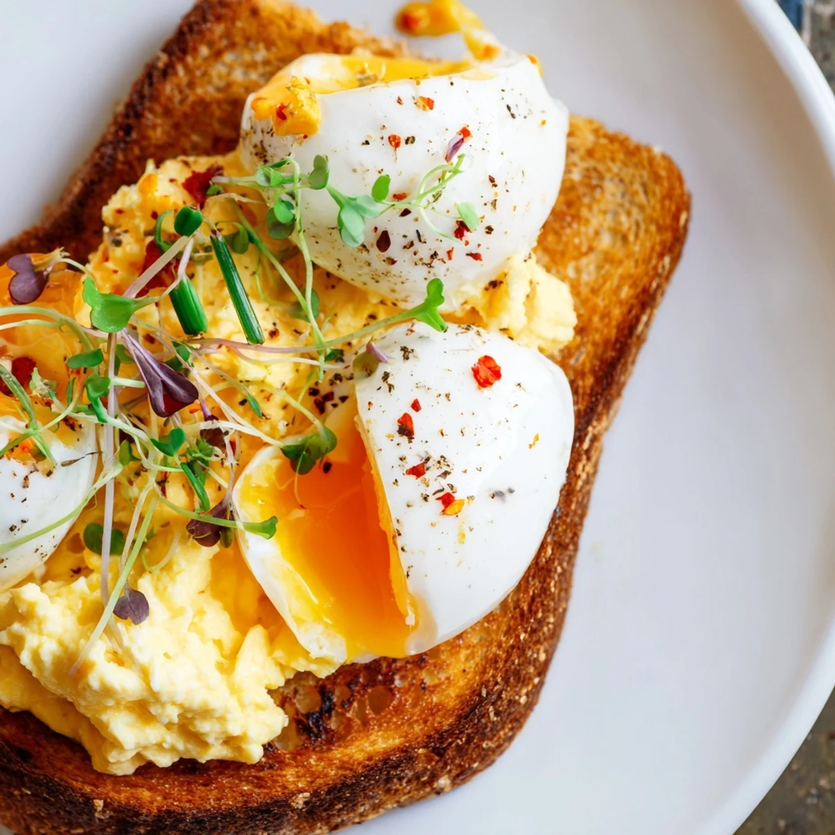 Golden toast topped with a flight of eggs: soft-boiled, scrambled, and fried, a vibrant breakfast.