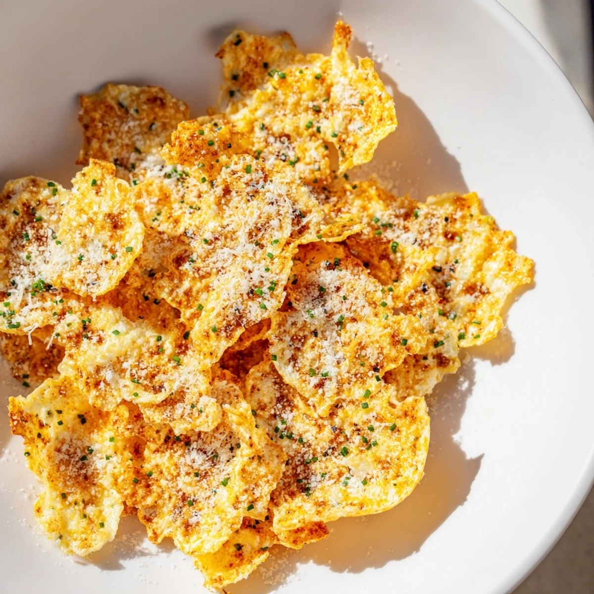 Baked Crispy Cottage Cheese Chips with a sprinkle of chives, showcasing golden-brown edges after baking on a sheet.