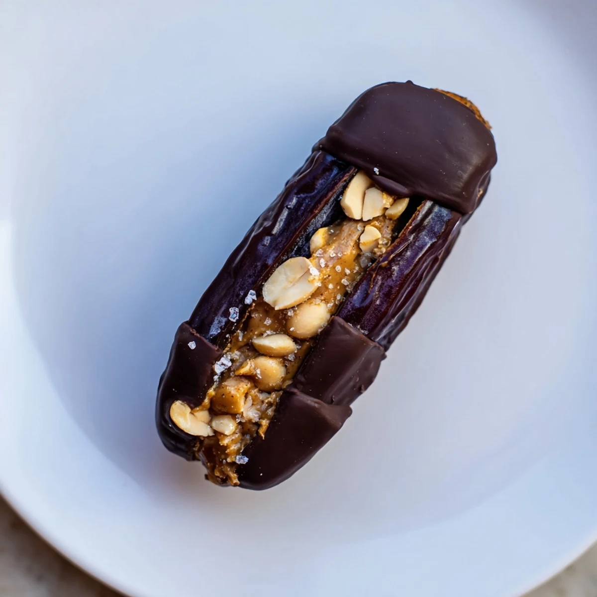 Close-up of decadent Chocolate Date Snickers, a homemade dessert drizzled with melted dark chocolate.