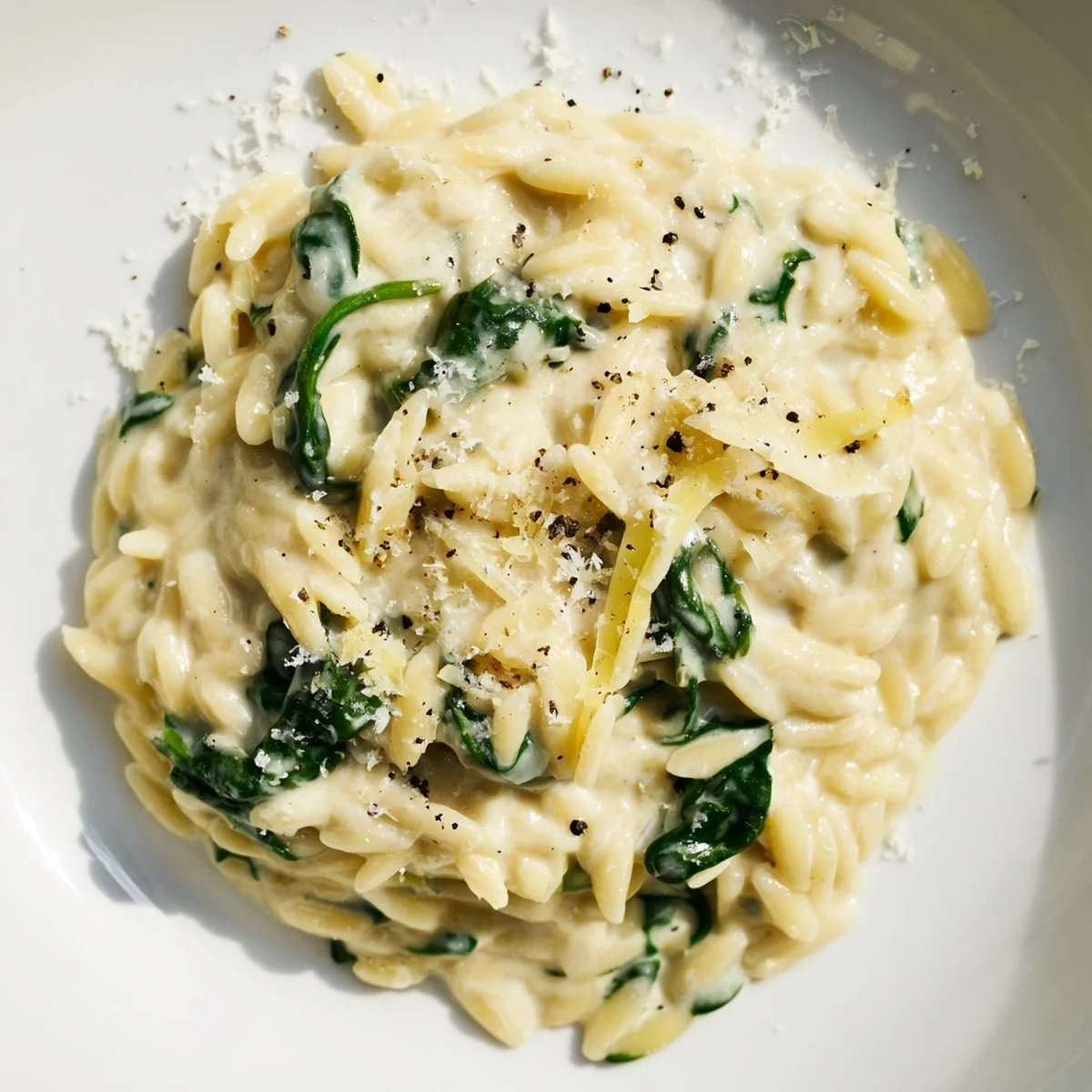 A delicious shot of creamy spinach orzo, a comforting vegetarian pasta dish.