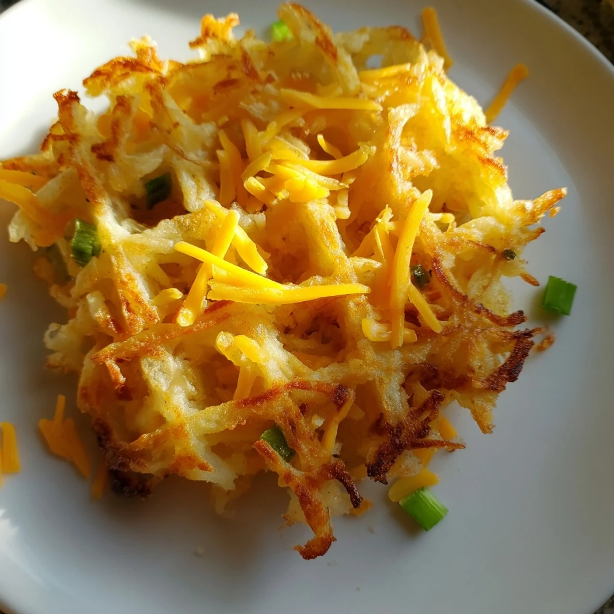 A stack of savory Cheesy Hash Brown Waffles with melted cheddar and fresh green onion garnish.