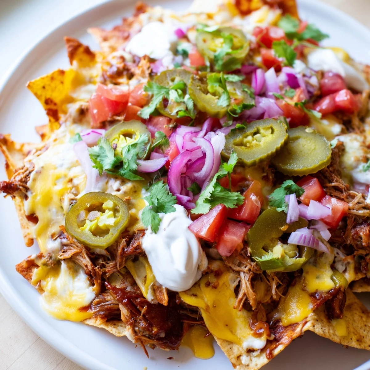 Loaded nachos with pulled pork: a close-up of cheesy, layered deliciousness, sizzling hot from the oven.