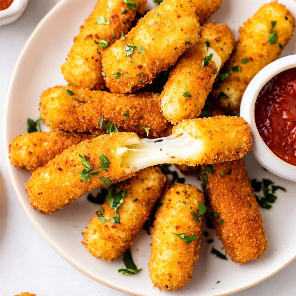 Melted cheese pull! Air fryer mozzarella sticks, cooked to a perfect crisp, ready for dipping and enjoying.