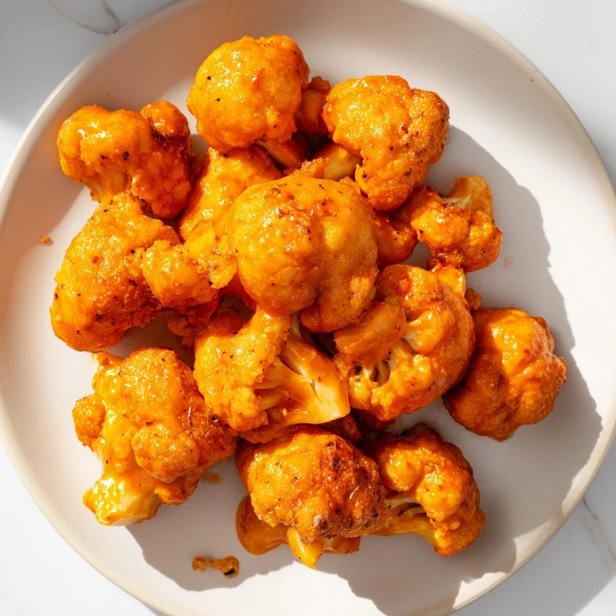 Close-up shot shows flavorful, saucy Buffalo Cauliflower Bites, perfect for game day or a quick snack.