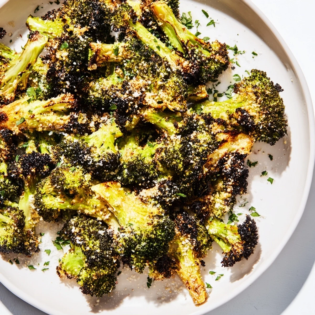 Freshly baked Garlic Parmesan Roasted Broccoli, perfectly tender, and seasoned with garlic and a hint of pepper.